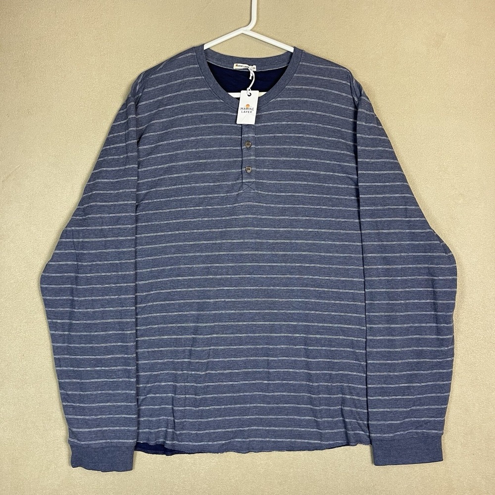 Marine‎ Layer Shirt Adult XXL Blue Striped Henley Long Sleeve Casual Mens NWT